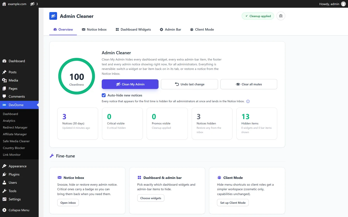 Overview showing Clean My Admin, the workspace clutter estimate and currently hidden items.