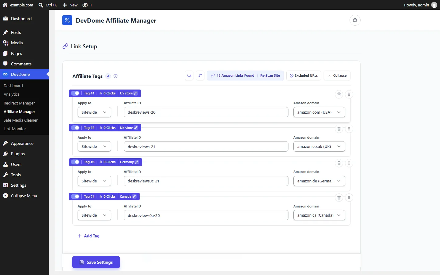 Link setup showing Amazon Associates tags by marketplace, tagging rules, click counts and local store redirect options.