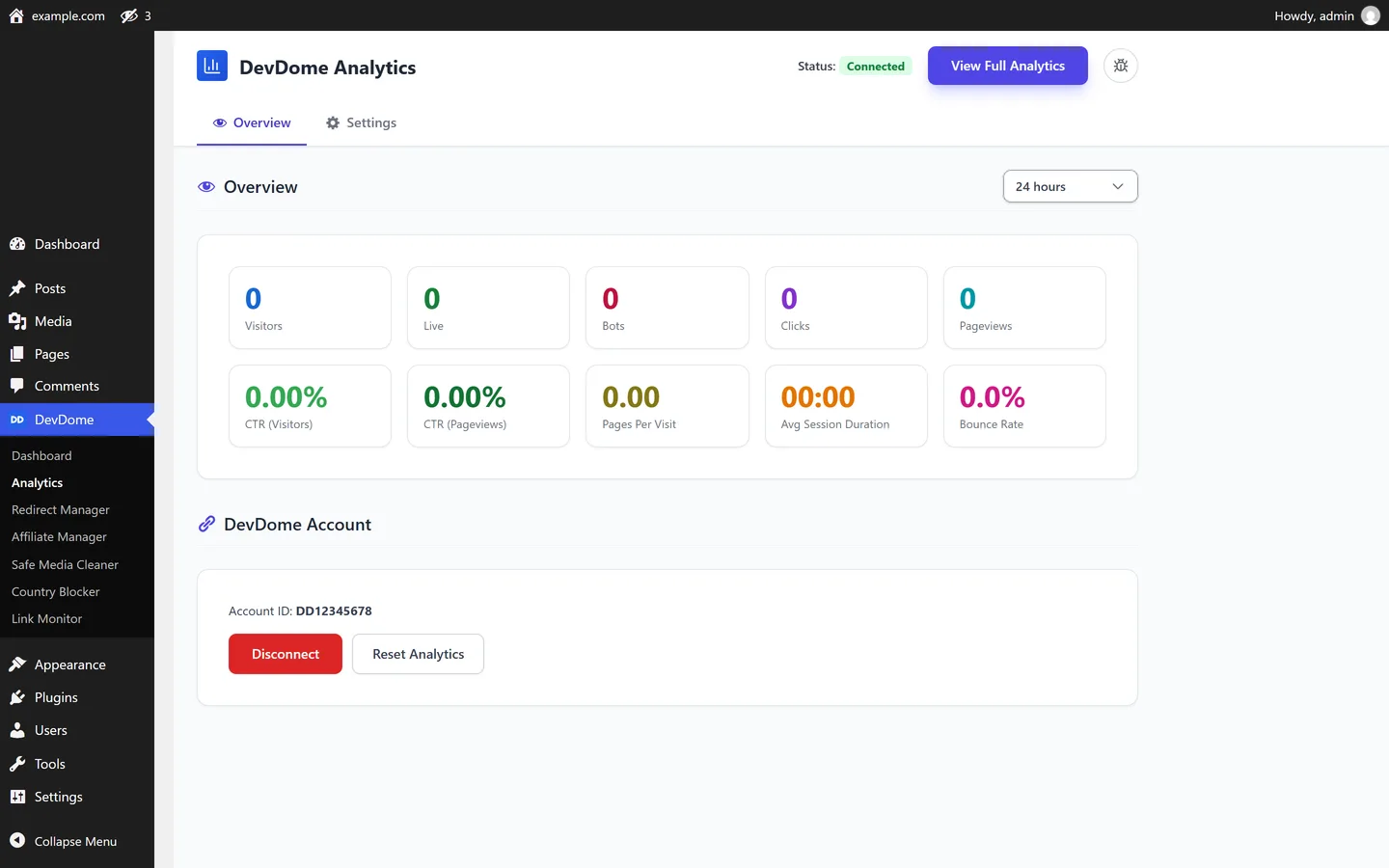 WordPress Overview showing visitors, live visitors, bots, clicks, pageviews, pages per visit, session duration and bounce rate.