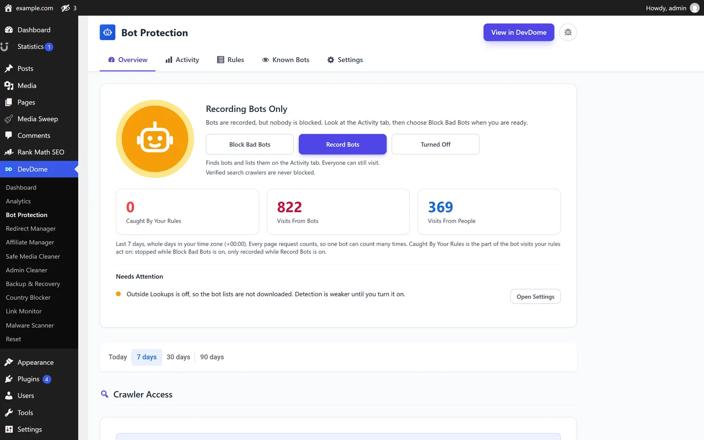 Overview with Record Bots selected, the Block Bad Bots and Turned Off choices, and the visits from bots and from people for the last 7 days.