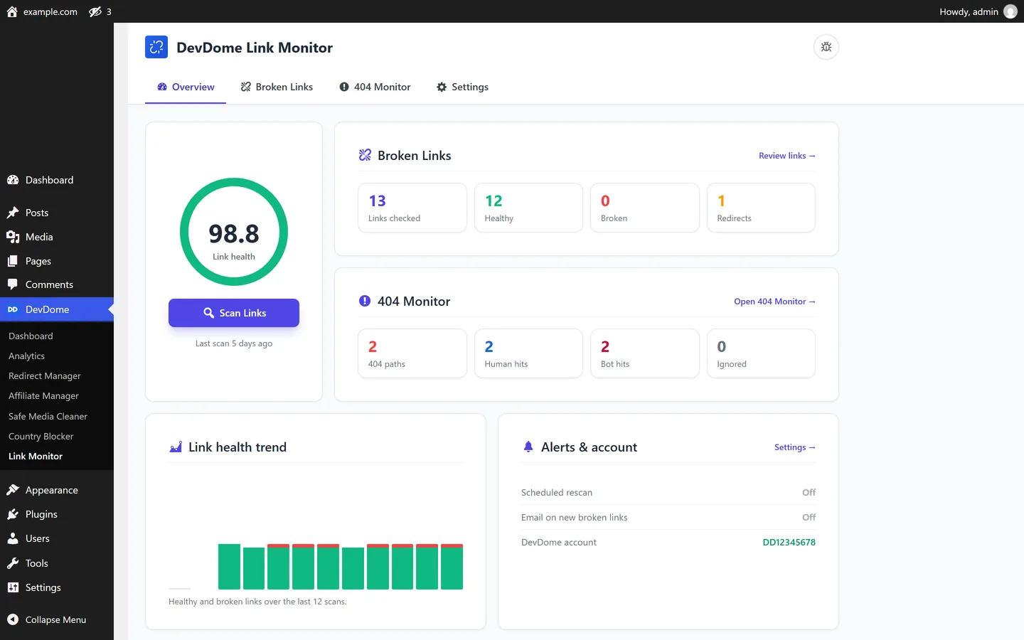 Link health overview showing checked, healthy, broken and redirected link totals alongside human and bot 404 activity.