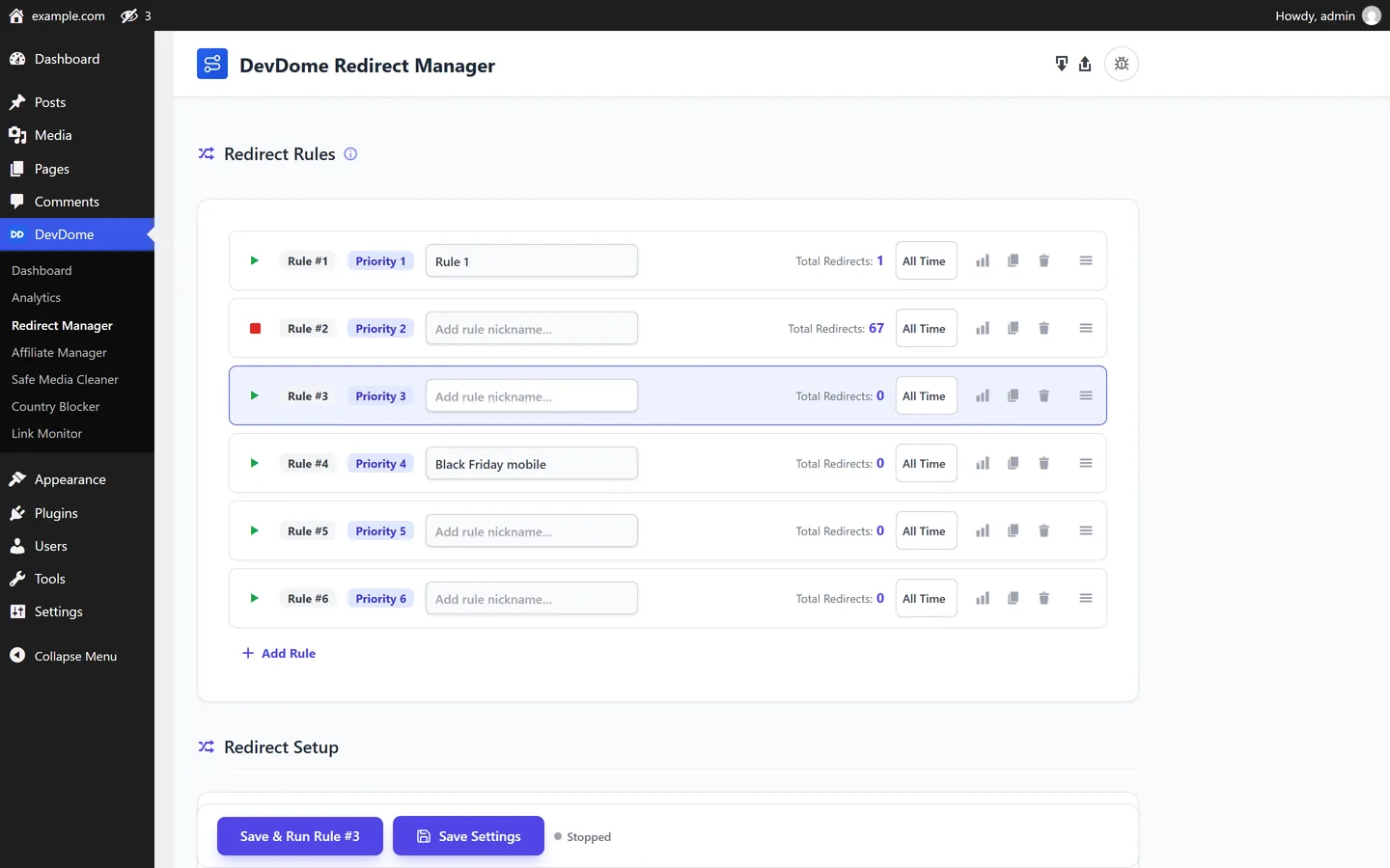 Redirect rules shown side by side with individual priorities, nicknames and statistics.