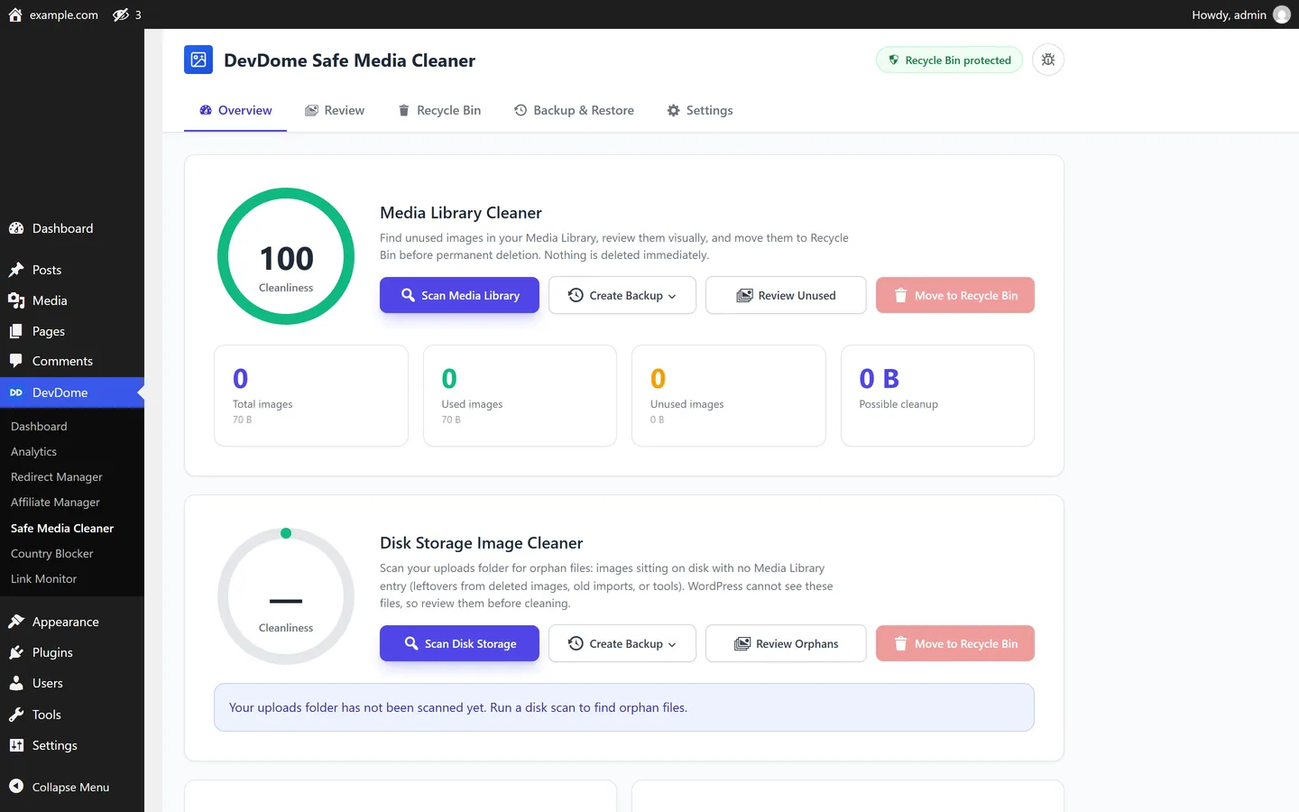 Overview showing Media Library and Disk Storage cleanup opportunities, storage totals and scan actions.